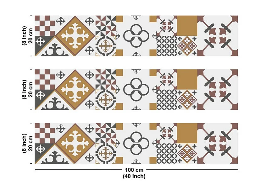 Crédence cuisine en aluminium - effet carreaux de ciment orange - 300x20 cm (en 3 bandeaux)