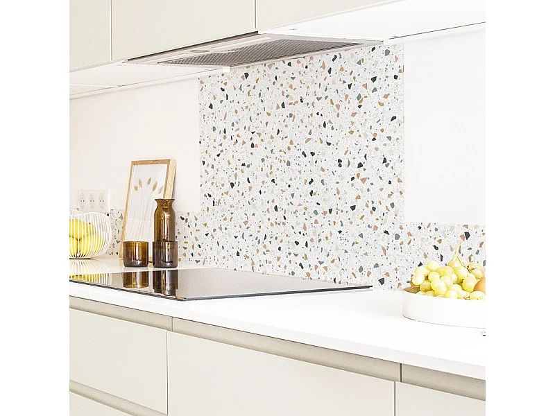 Crédence cuisine en aluminium - motif terrazzo blanc - 240x50 cm (en 2 bandeaux)