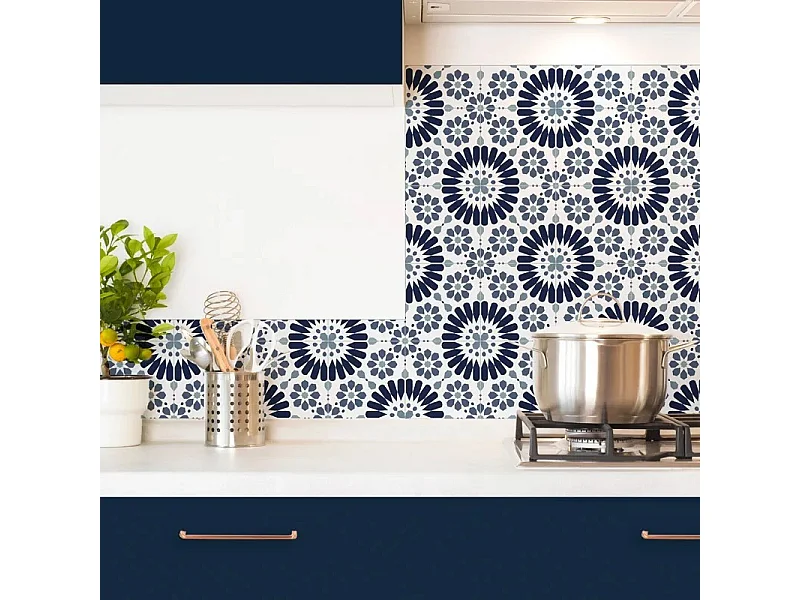 Crédence cuisine en aluminium - effet carreaux de ciment bleu - 180x20 cm (en 2 bandeaux)