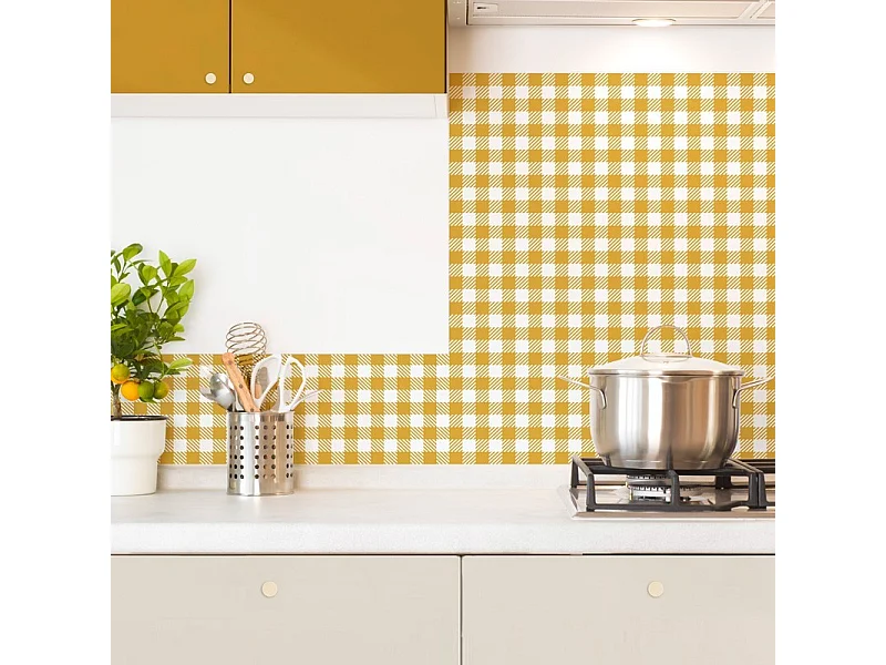 Crédence cuisine en aluminium - motif vichy orange - 300x20 cm (en 3 bandeaux)