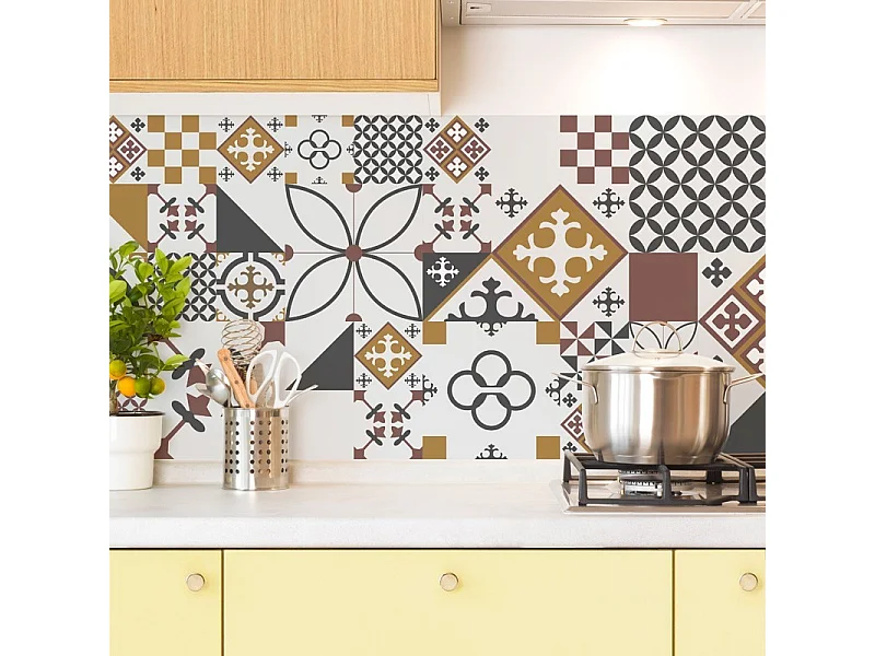 Crédence cuisine en aluminium - effet carreaux de ciment orange - 360x50 cm (en 3 bandeaux)