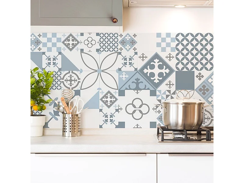 Crédence cuisine en aluminium - effet carreaux de ciment bleu - 360x50 cm (en 3 bandeaux)