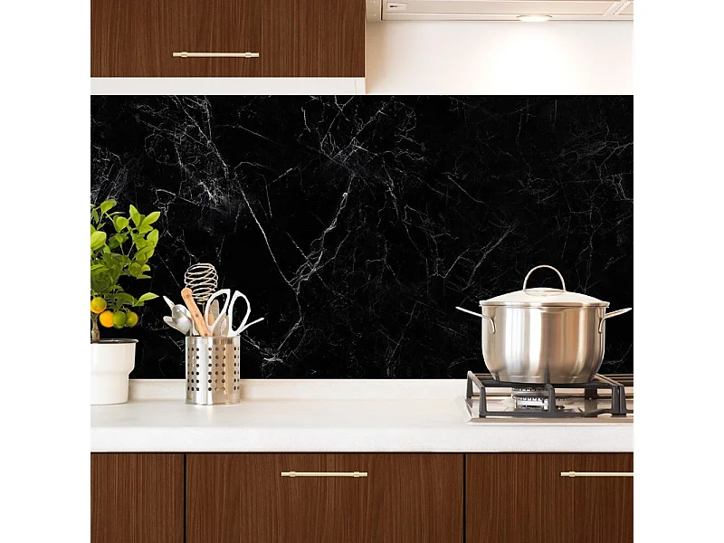 Crédence cuisine en aluminium - effet marbre noir - 240x50 cm (en 2 bandeaux)