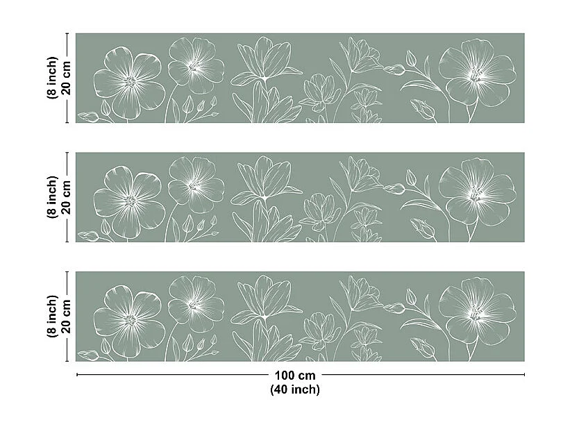 Crédence cuisine en aluminium - motif floral vert et blanc - 300x20 cm (en 3 bandeaux)