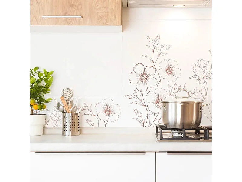 Fond de hotte en aluminium - motif floral terracotta et blanc - 70x90 cm