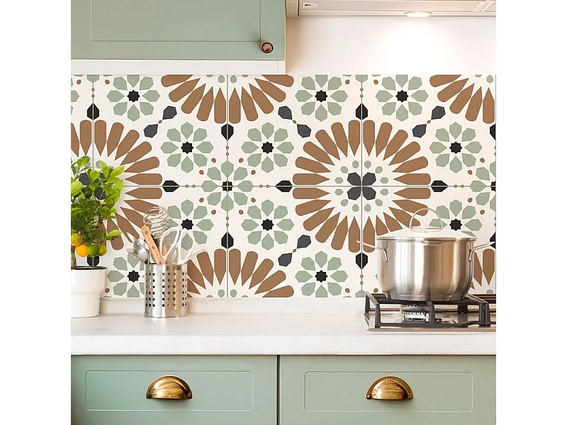 Crédence cuisine en aluminium - effet carreaux de ciment marron et vert - 360x50 cm (en 3 bandeaux)