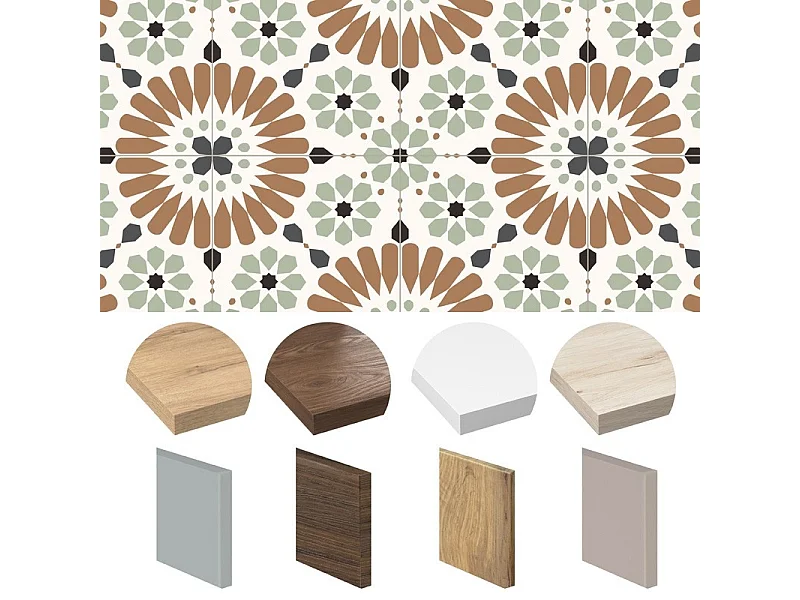 Crédence cuisine en aluminium - effet carreaux de ciment marron et vert - 360x50 cm (en 3 bandeaux)