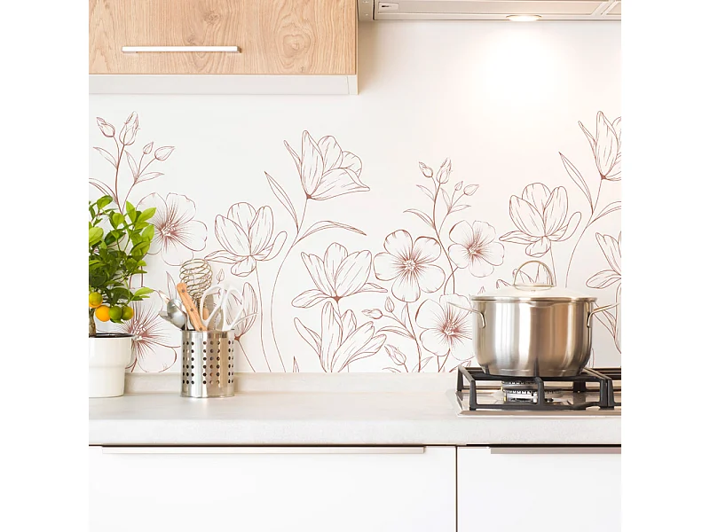 Crédence cuisine en aluminium - motif floral blanc et terracotta - 240x50 cm (en 2 bandeaux)