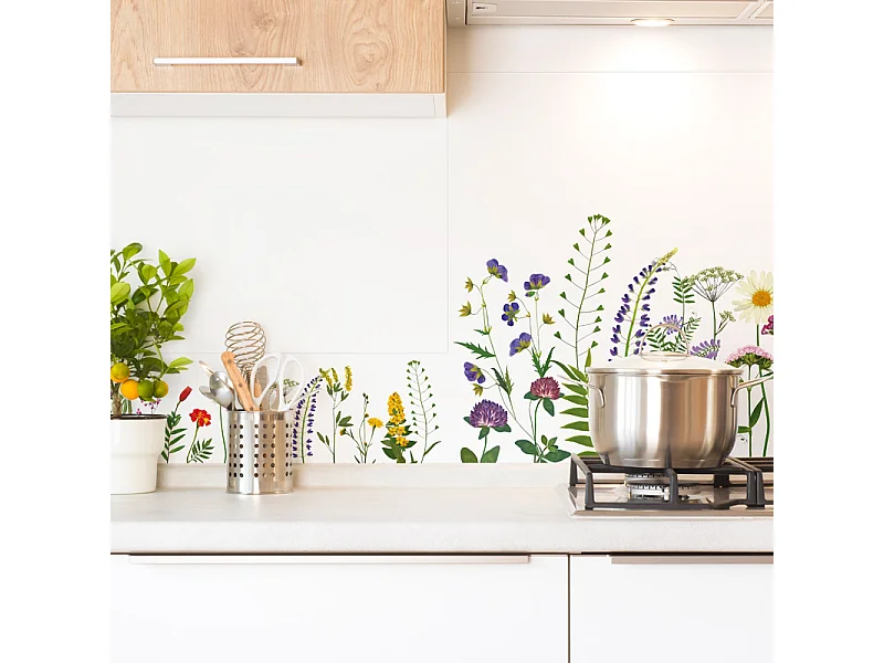 Crédence cuisine en aluminium - motif floral vert, violet, jaune et rouge - 300x20 cm (en 3 bandeaux)