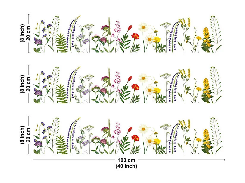 Crédence cuisine en aluminium - motif floral vert, violet, jaune et rouge - 300x20 cm (en 3 bandeaux)