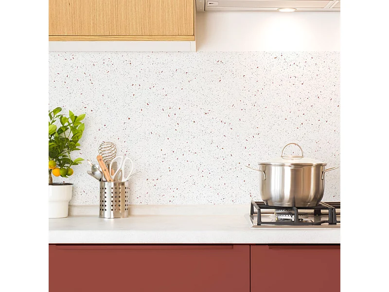 Crédence cuisine en aluminium - motif terrazzo blanc et terracotta - 360x50 cm (en 3 bandeaux)