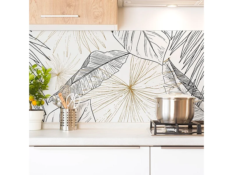 Crédence cuisine en aluminium - floral noir et doré - 360x50 cm (en 3 bandeaux)