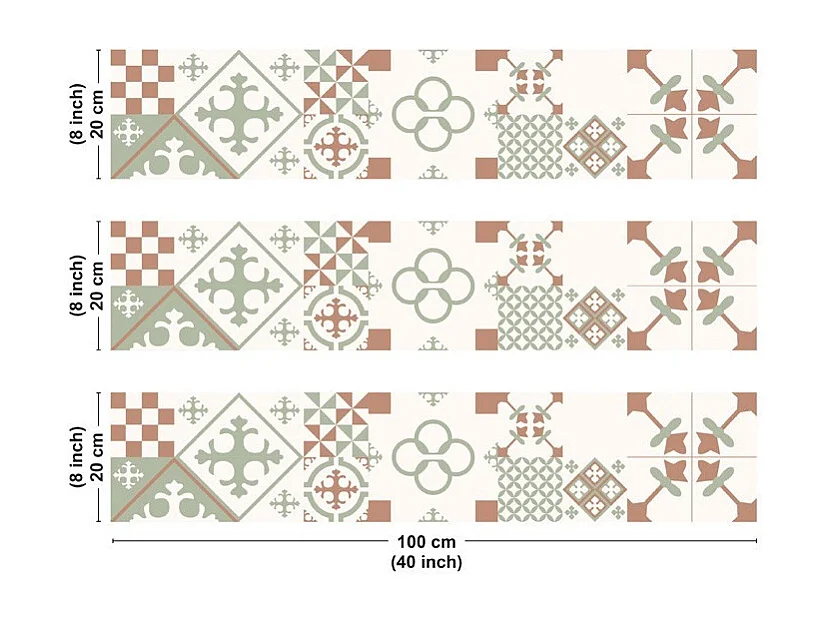 Crédence cuisine en aluminium - effet carreaux de ciment vert terracotta - 300x20 cm (en 3 bandeaux)