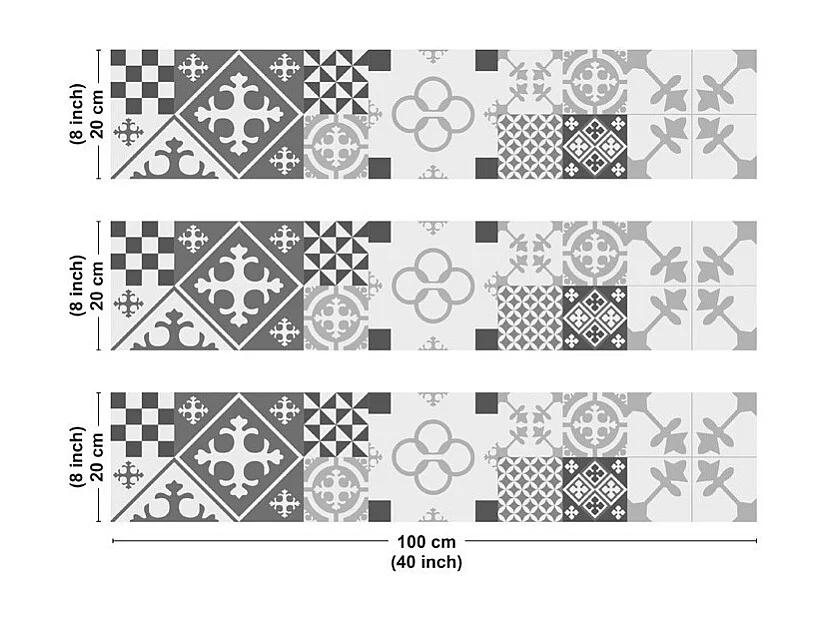 Crédence cuisine en aluminium - effet carreaux de ciment gris - 300x20 cm (en 3 bandeaux)