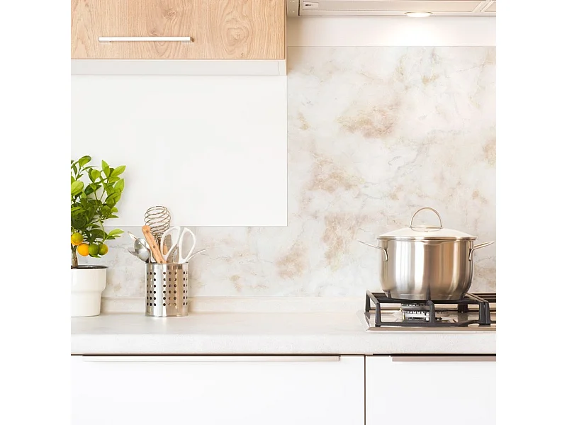 Crédence cuisine en aluminium - effet marbre beige - 200x20 cm (en 2 bandeaux)