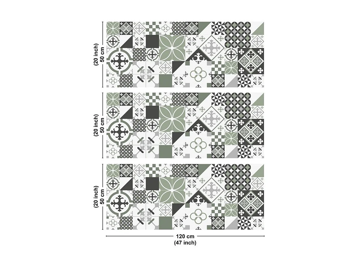 Crédence cuisine en aluminium - effet carreaux de ciment vert - 360x50 cm (en 3 bandeaux)