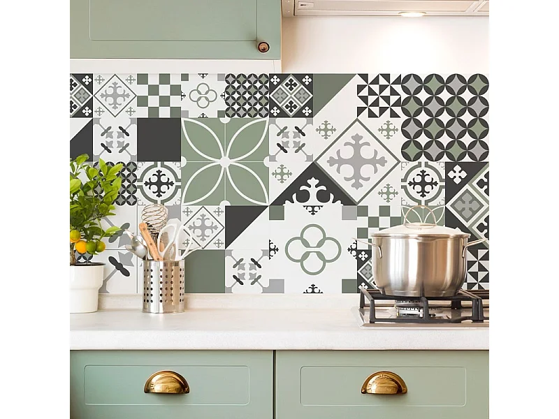 Crédence cuisine en aluminium - effet carreaux de ciment vert - 360x50 cm (en 3 bandeaux)