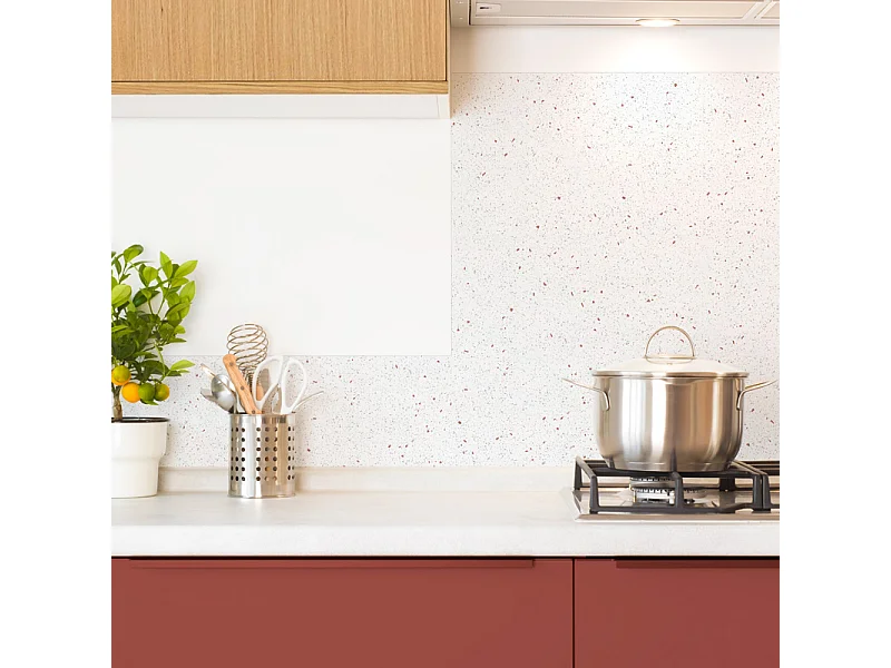 Fond de hotte en aluminium - motif terrazzo blanc et terracotta - 70x60 cm