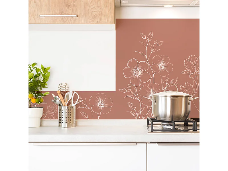 Crédence cuisine en aluminium - motif floral terracotta et blanc - 300x20 cm (en 3 bandeaux)