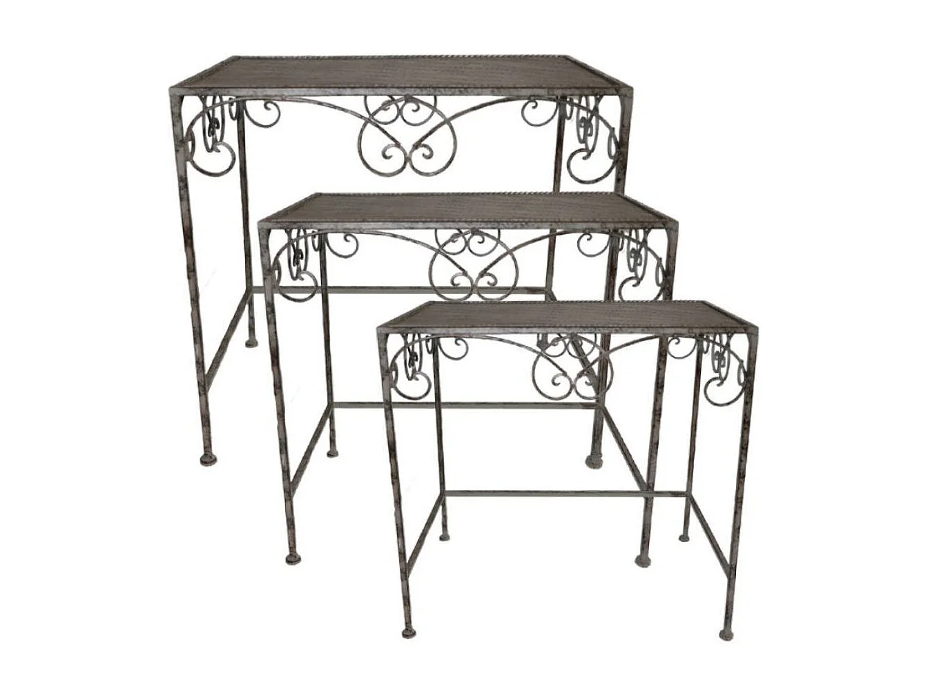Set de 3 sellettes rectangles en métal gris vieilli H.60-50-40cm