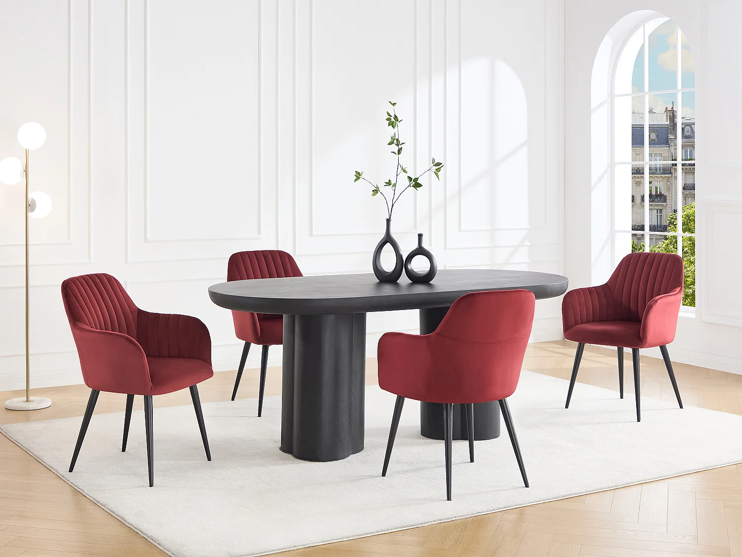 Lot de 6 chaises avec accoudoirs en velours et métal noir - Bordeaux - ELEANA