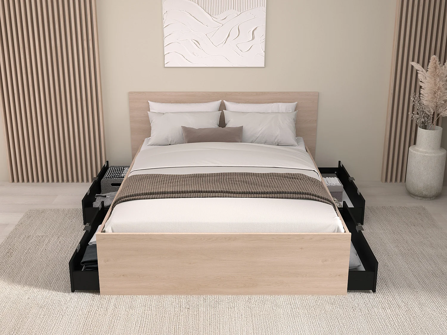 Lit avec 4 tiroirs 160 x 200 cm - Coloris : Naturel et noir + Sommier + Matelas - VELONA