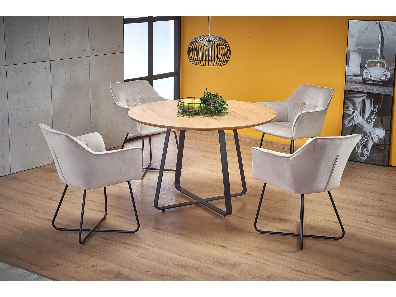 Table ronde MDF laminé chêne pieds métal noir Ø120 cm