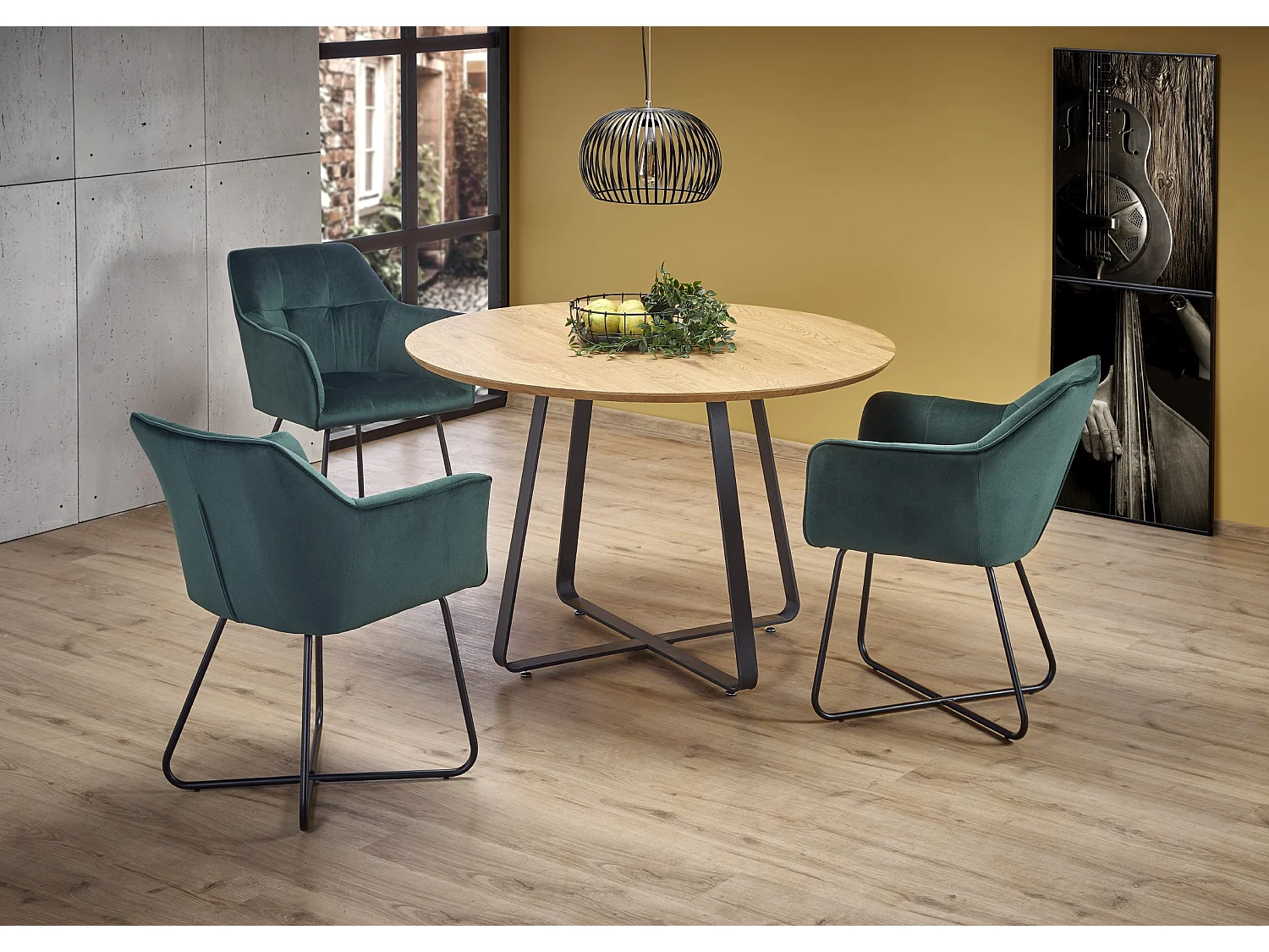Table ronde MDF laminé chêne pieds métal noir Ø120 cm