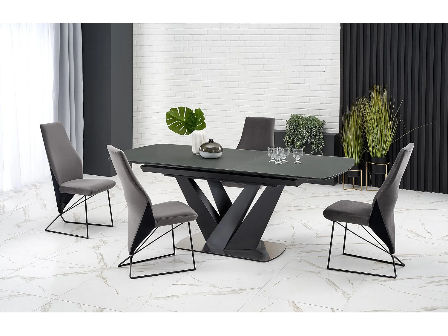 Table extensible verre gris foncé pieds acier noir 160/200×90 cm