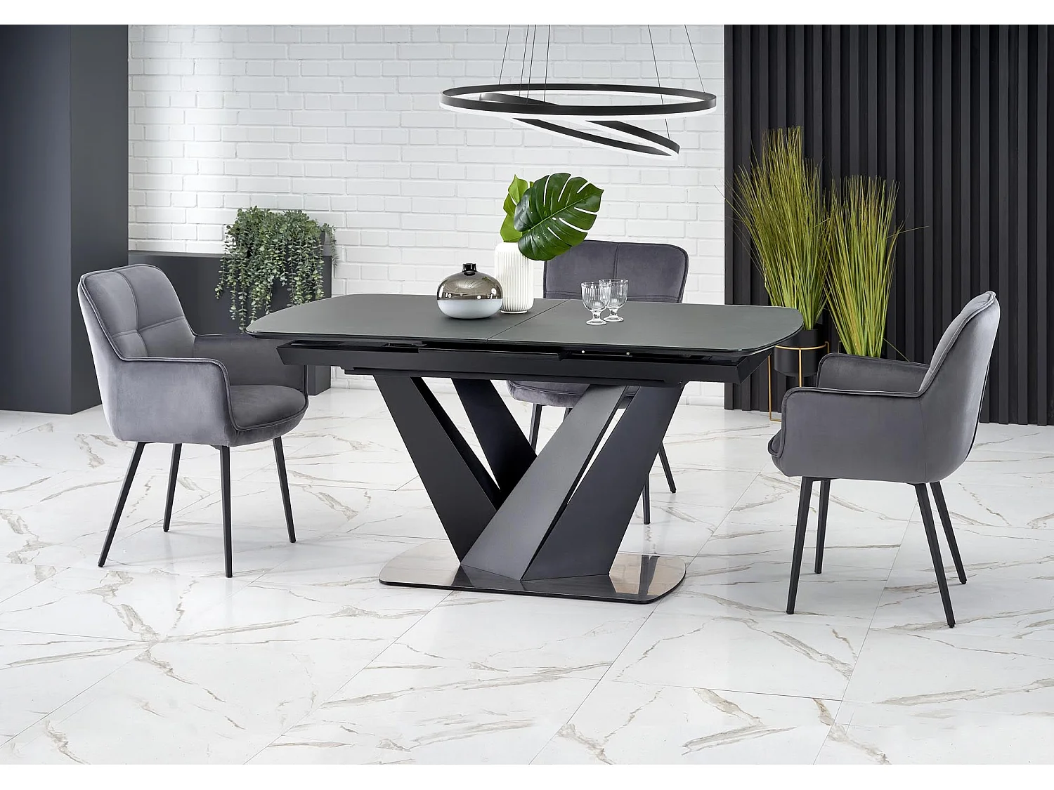 Table extensible verre gris foncé pieds acier noir 160/200×90 cm