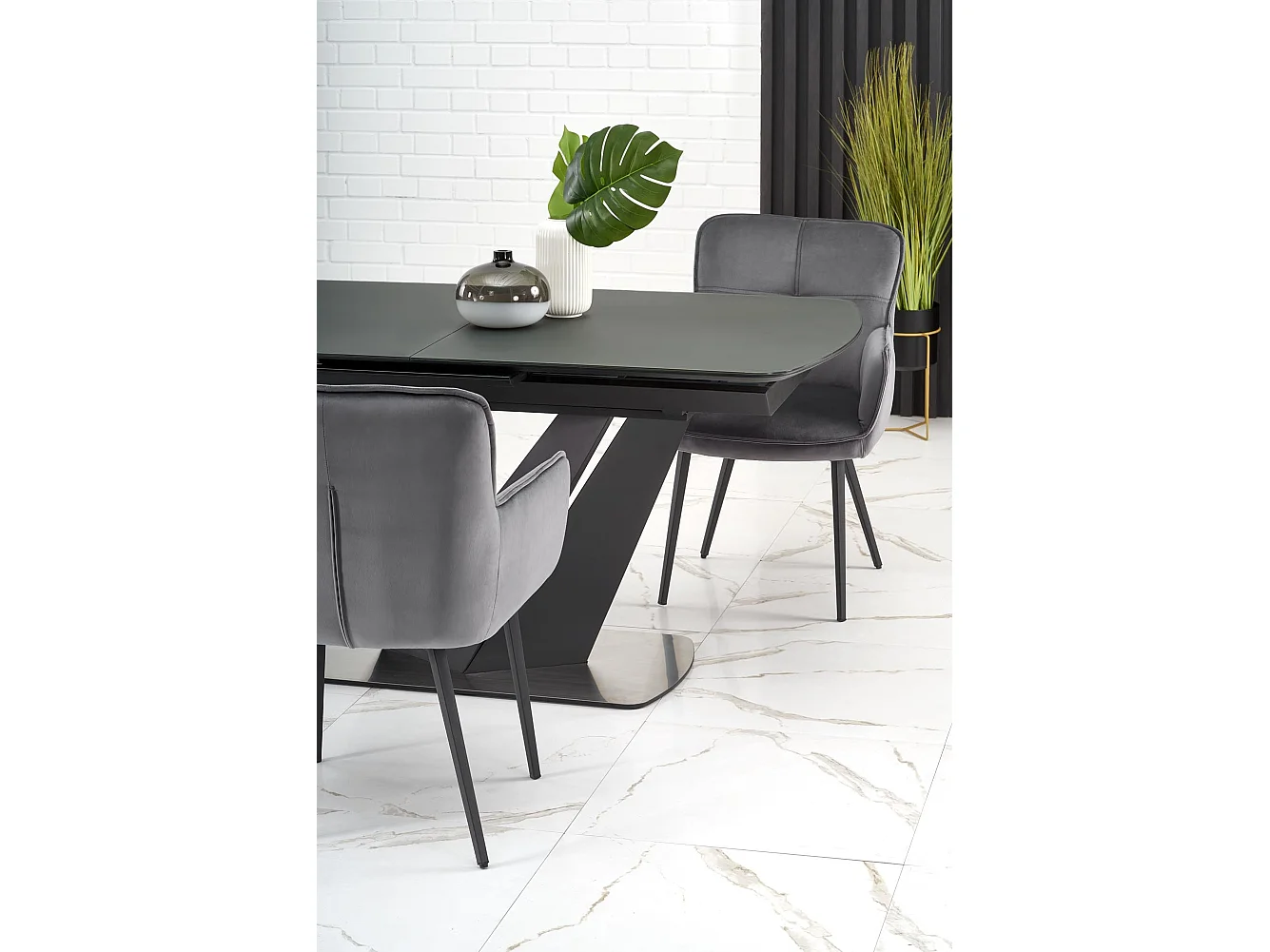 Table extensible verre gris foncé pieds acier noir 160/200×90 cm