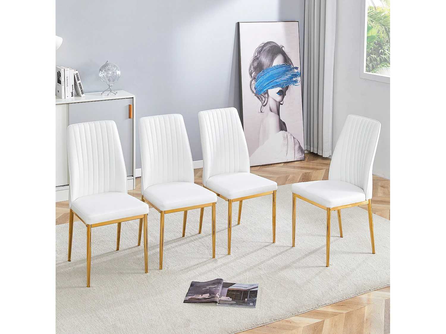 Set van 4 stoelen in wit PU-leer - Gouden metalen poten - Verticaal streepmotief