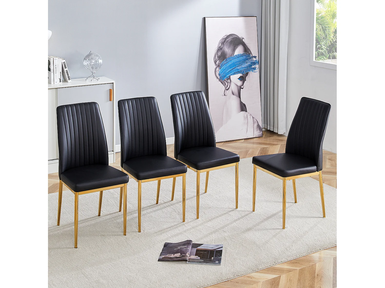 Set van 4 zwarte stoelen van PU-leer - Gouden metalen poten - Verticaal streepmotief