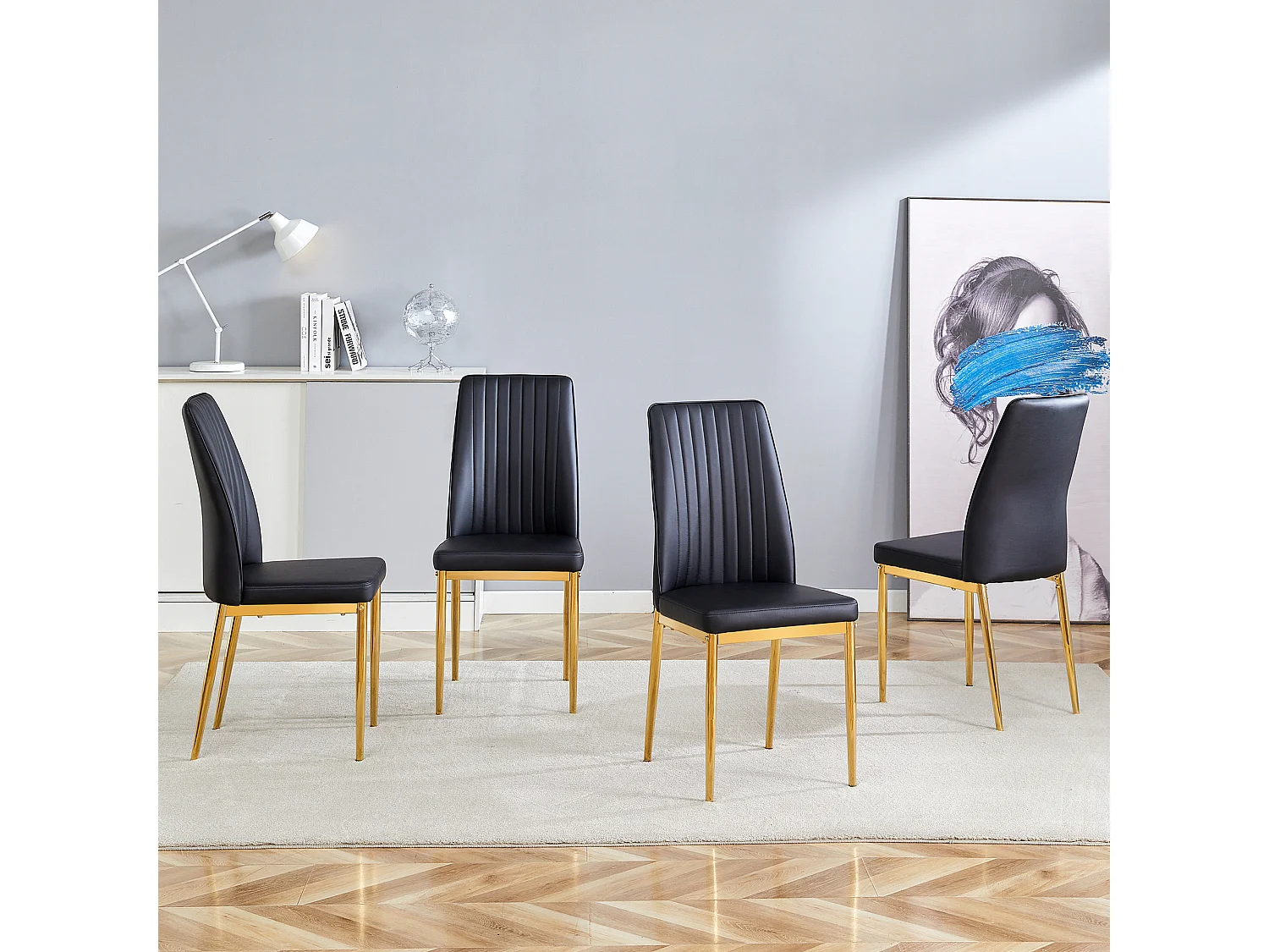 Set van 4 zwarte stoelen van PU-leer - Gouden metalen poten - Verticaal streepmotief