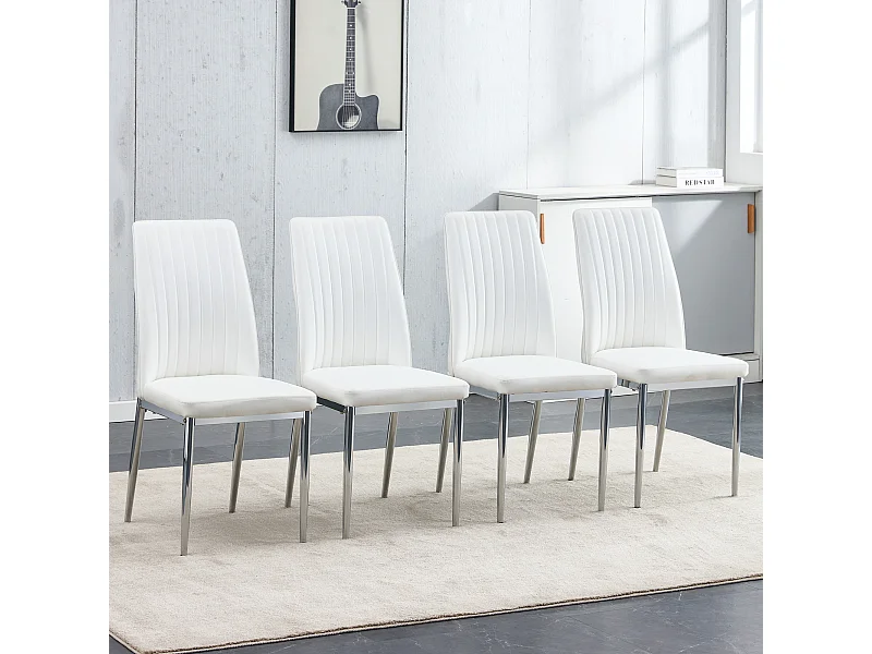 Lot de 4 chaises simili cuir PU blanc - Dossier ergonomique - Pieds métal argenté