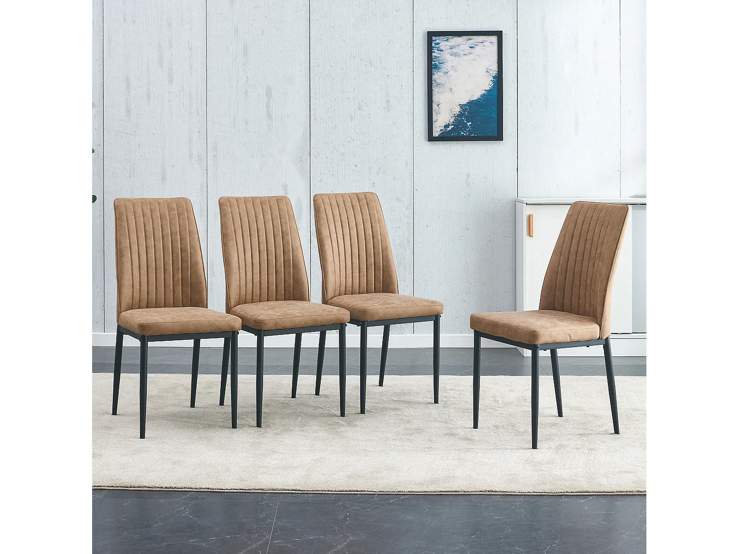 Lot de 4 chaises en tissu marron - Dossier ergonomique - Pieds métal noir