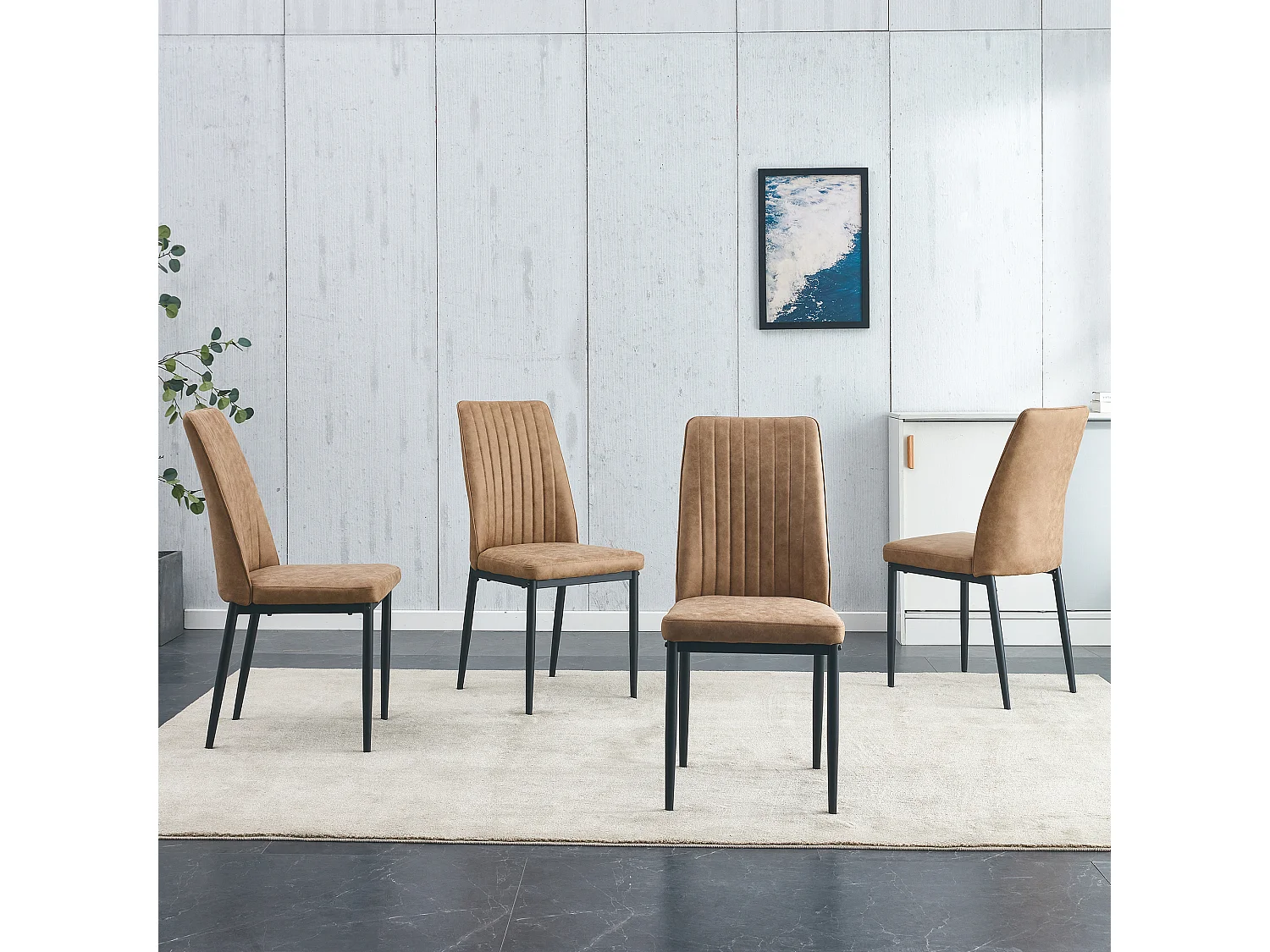 Lot de 4 chaises en tissu marron - Dossier ergonomique - Pieds métal noir