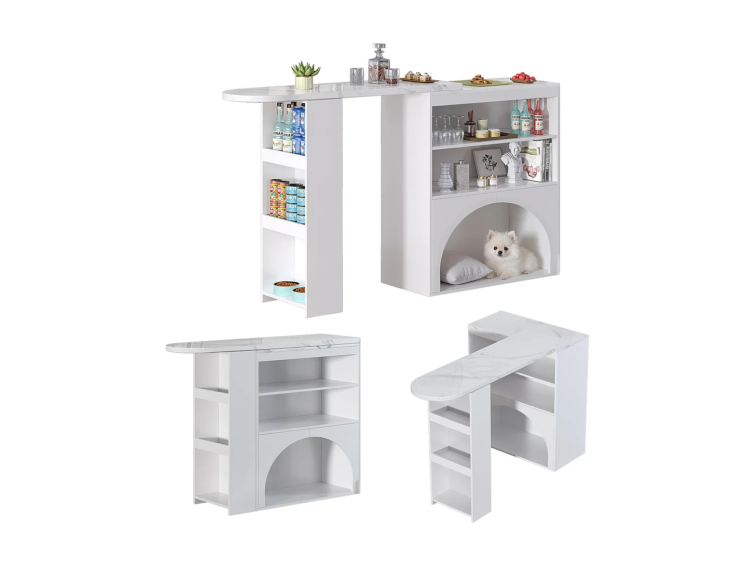 Table de bar pivotante avec rangement et espace pour animaux - Plateau effet marbre - Blanc