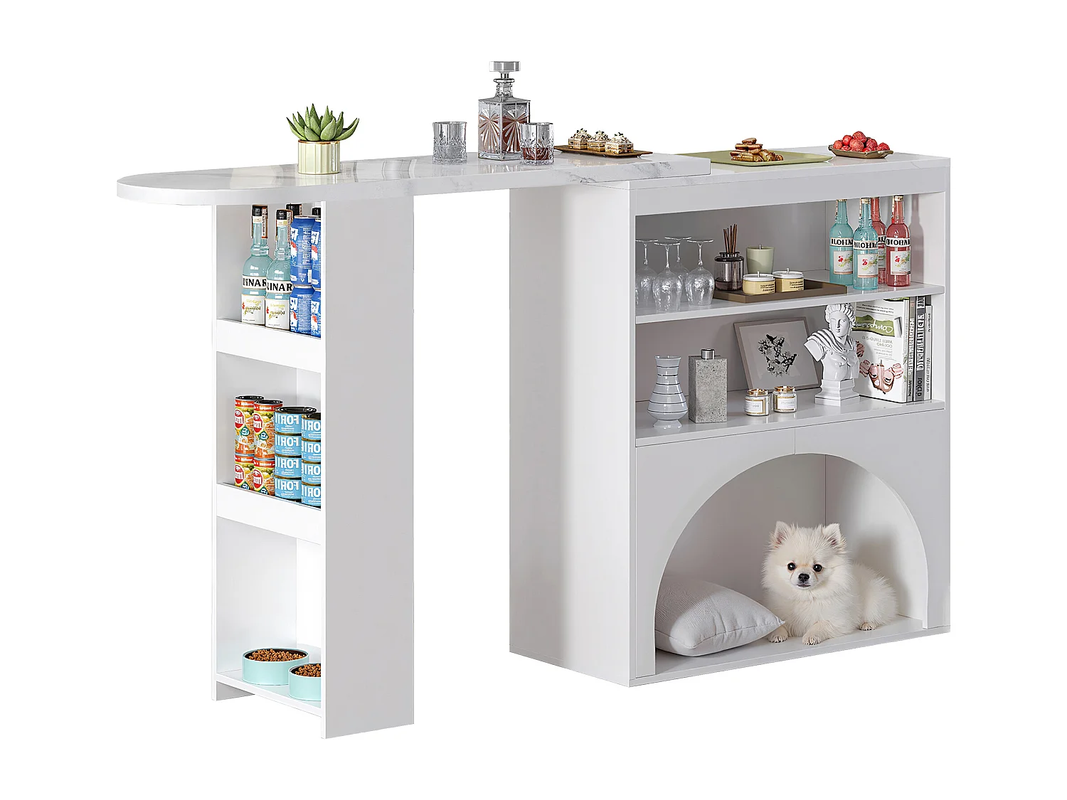 Table de bar pivotante avec rangement et espace pour animaux - Plateau effet marbre - Blanc