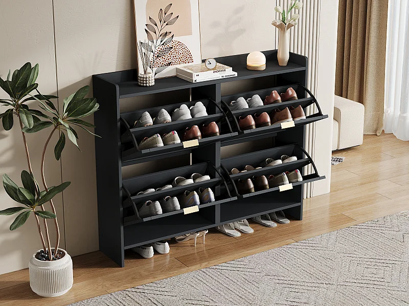 Meuble à chaussures avec 4 compartiments abattants en bois PB- Noir