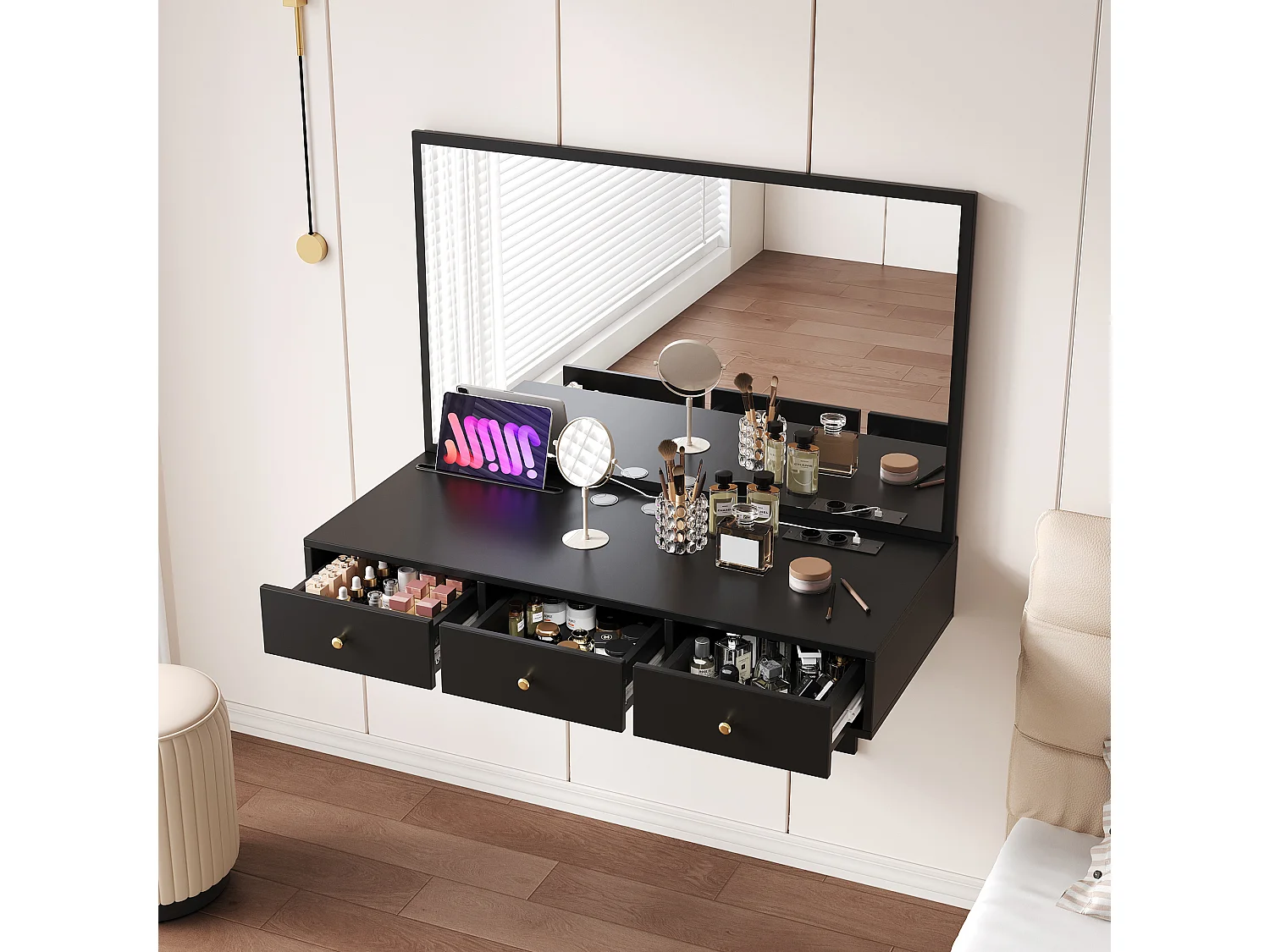 Coiffeuse murale avec miroir, 3 tiroirs et prises - Noir