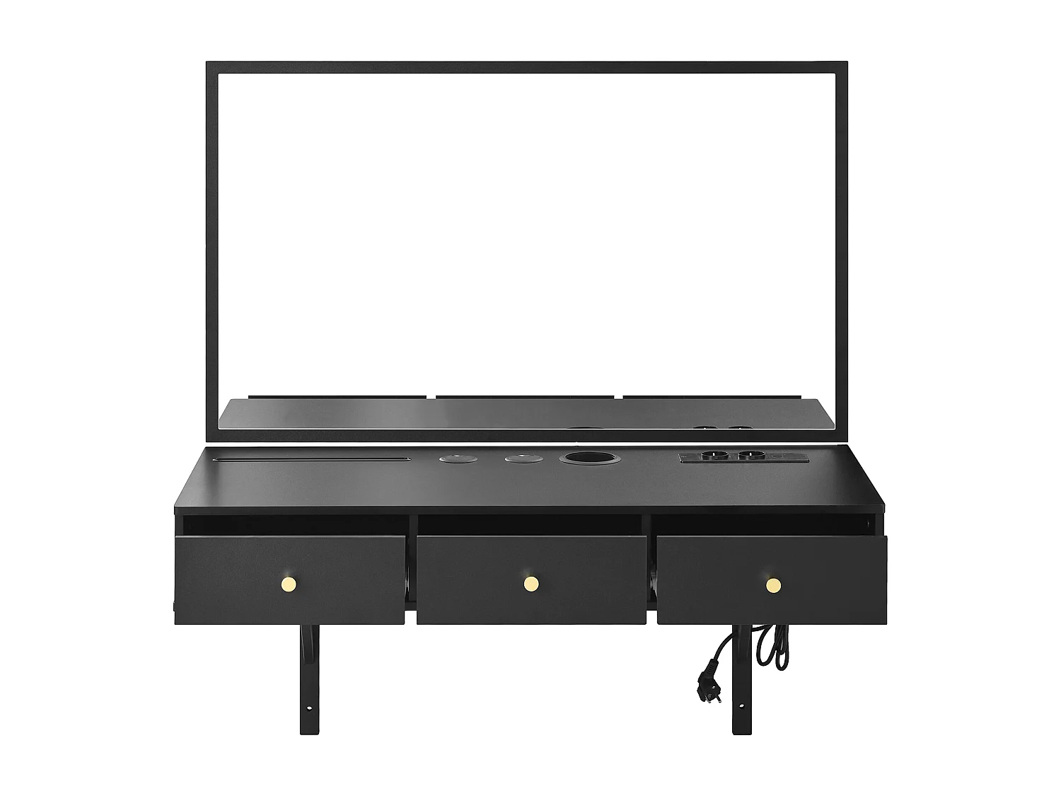 Coiffeuse murale avec miroir, 3 tiroirs et prises - Noir