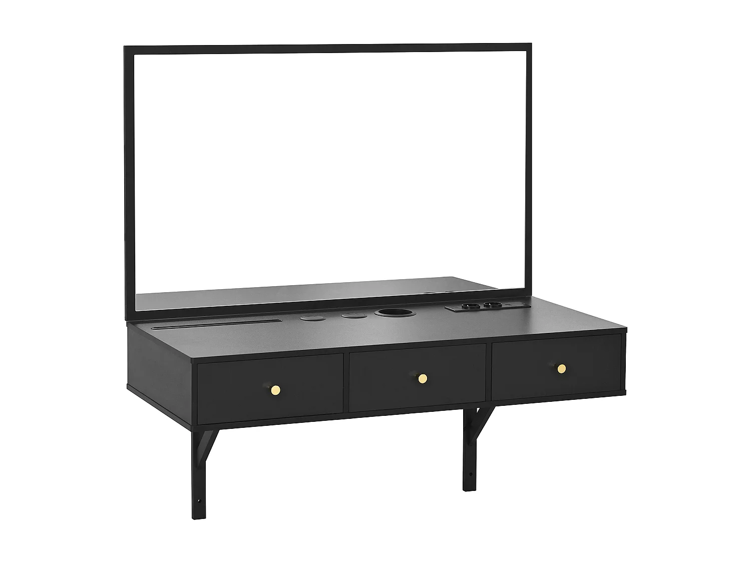 Coiffeuse murale avec miroir, 3 tiroirs et prises - Noir