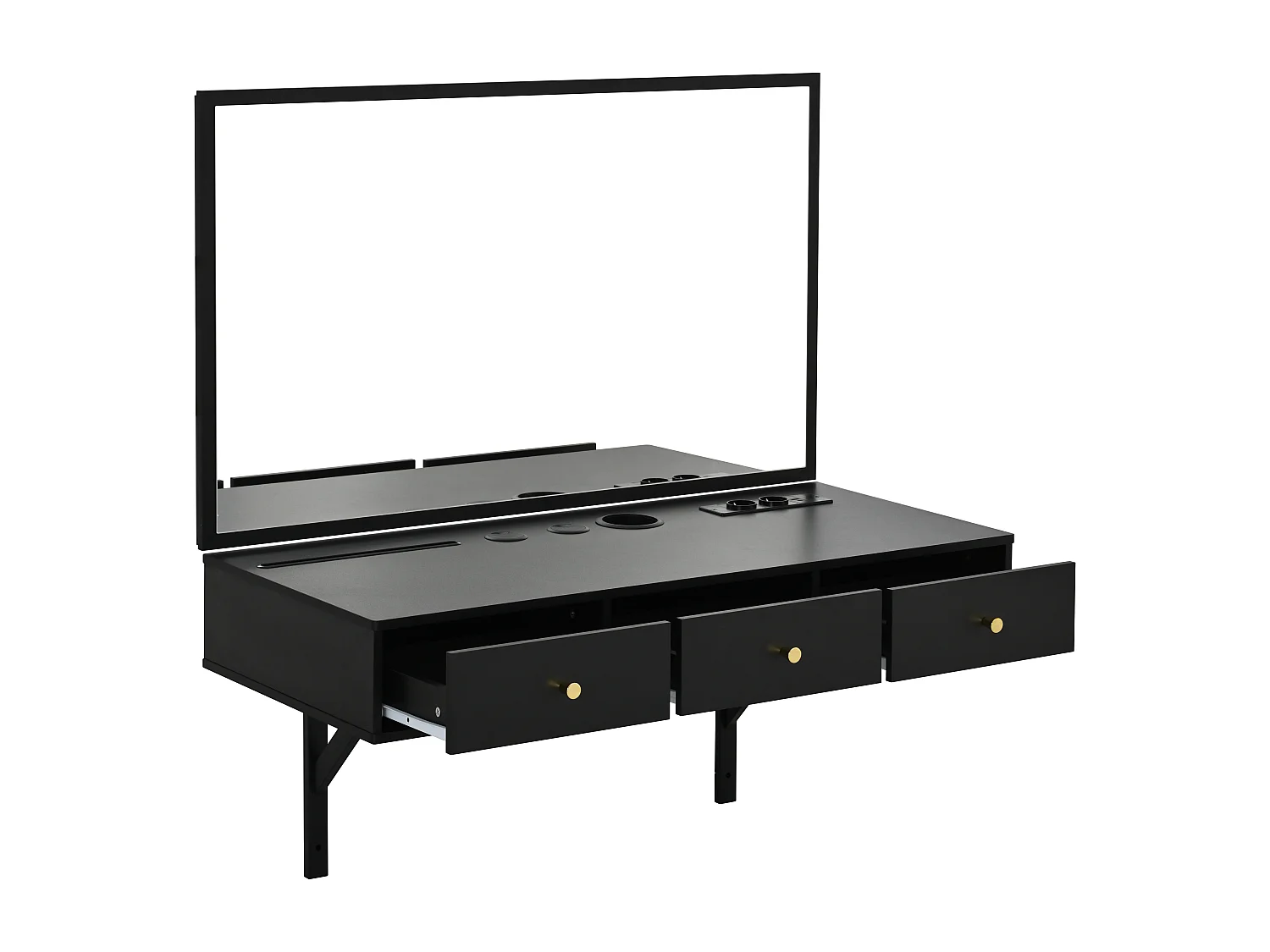 Coiffeuse murale avec miroir, 3 tiroirs et prises - Noir