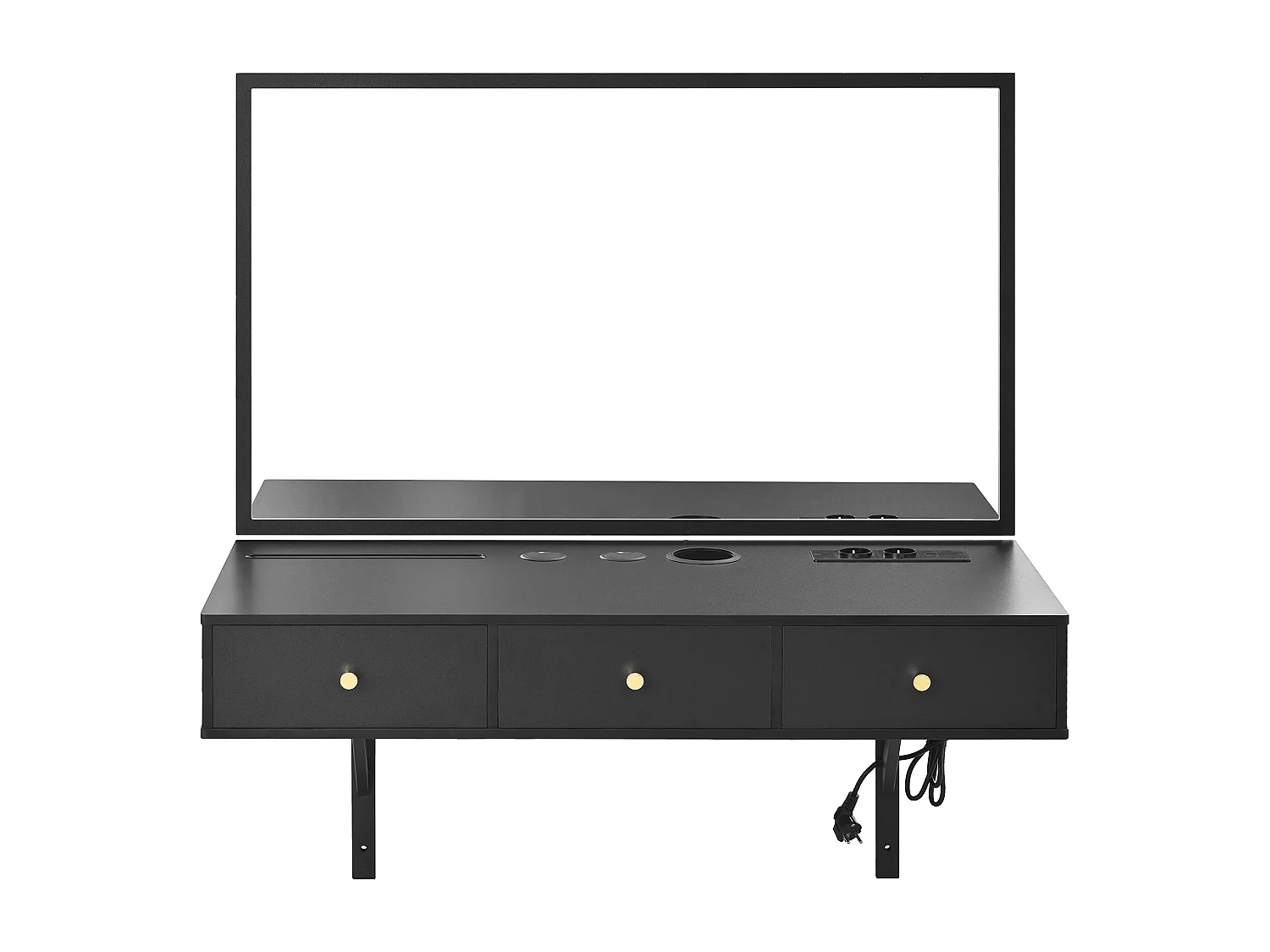 Coiffeuse murale avec miroir, 3 tiroirs et prises - Noir