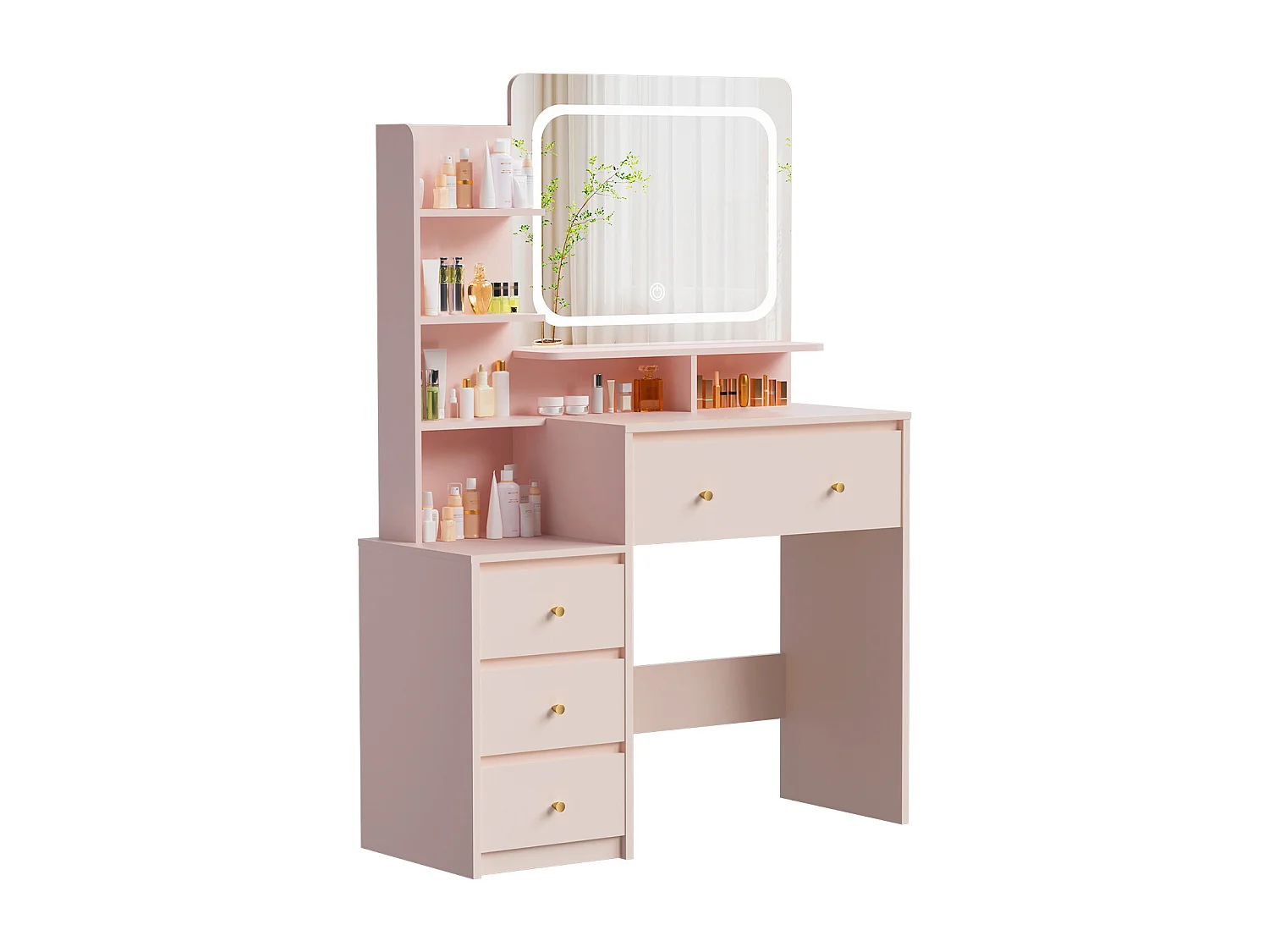 Hiazurm Coiffeuse, éclairage LED, avec miroir et tiroirs, compartiments ouverts, étagères à intensité réglable, design moderne, pour chambre, rose