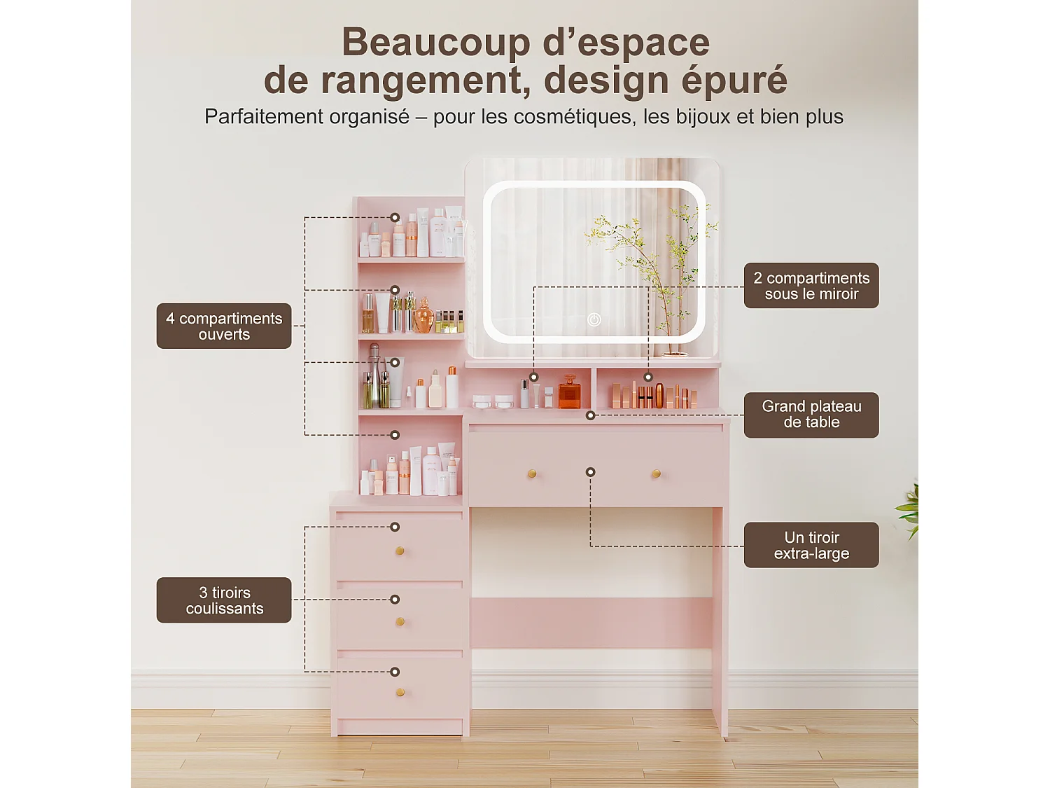 Hiazurm Coiffeuse, éclairage LED, avec miroir et tiroirs, compartiments ouverts, étagères à intensité réglable, design moderne, pour chambre, rose
