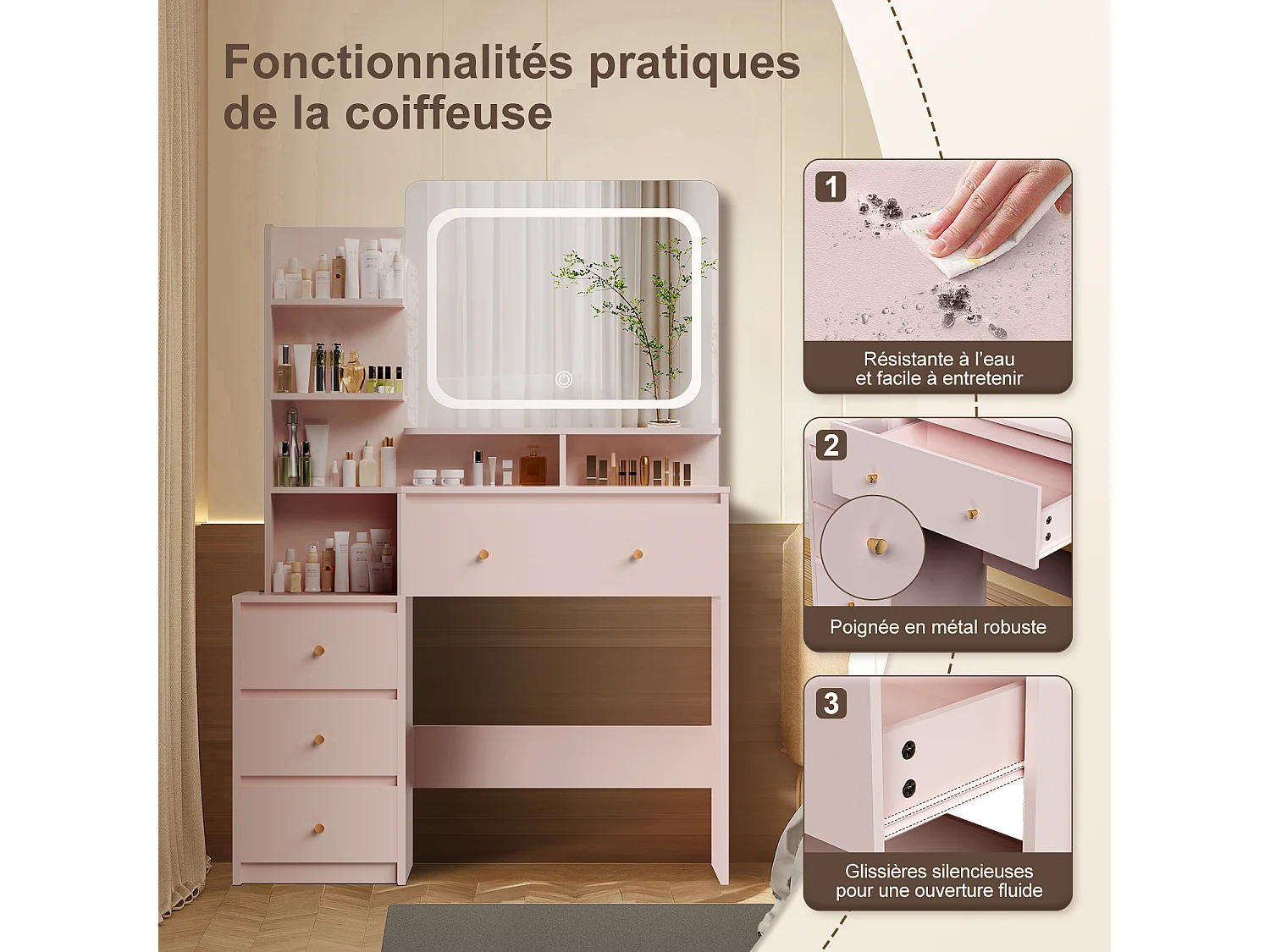 Hiazurm Coiffeuse, éclairage LED, avec miroir et tiroirs, compartiments ouverts, étagères à intensité réglable, design moderne, pour chambre, rose