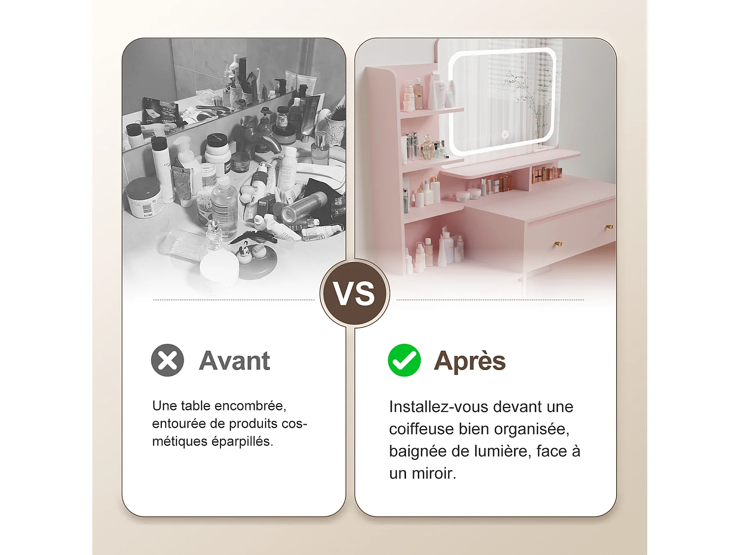 Hiazurm Coiffeuse, éclairage LED, avec miroir et tiroirs, compartiments ouverts, étagères à intensité réglable, design moderne, pour chambre, rose