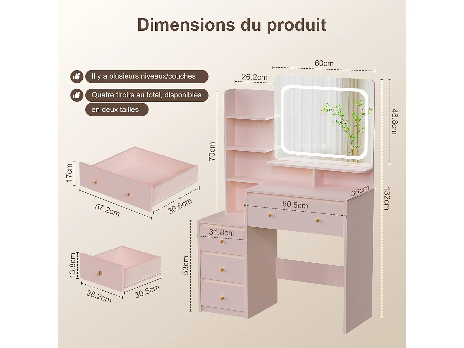 Hiazurm Coiffeuse, éclairage LED, avec miroir et tiroirs, compartiments ouverts, étagères à intensité réglable, design moderne, pour chambre, rose